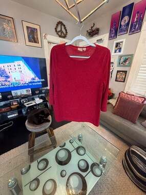 Easywear by Chico's Red Sparkle Knit 3/4 Sleeve Top